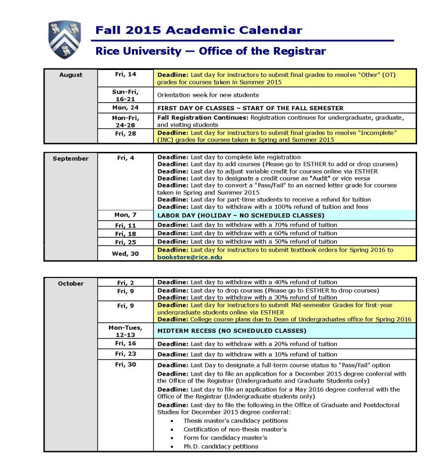 Rice 2021 Academic Calendar 2021 Calendar
