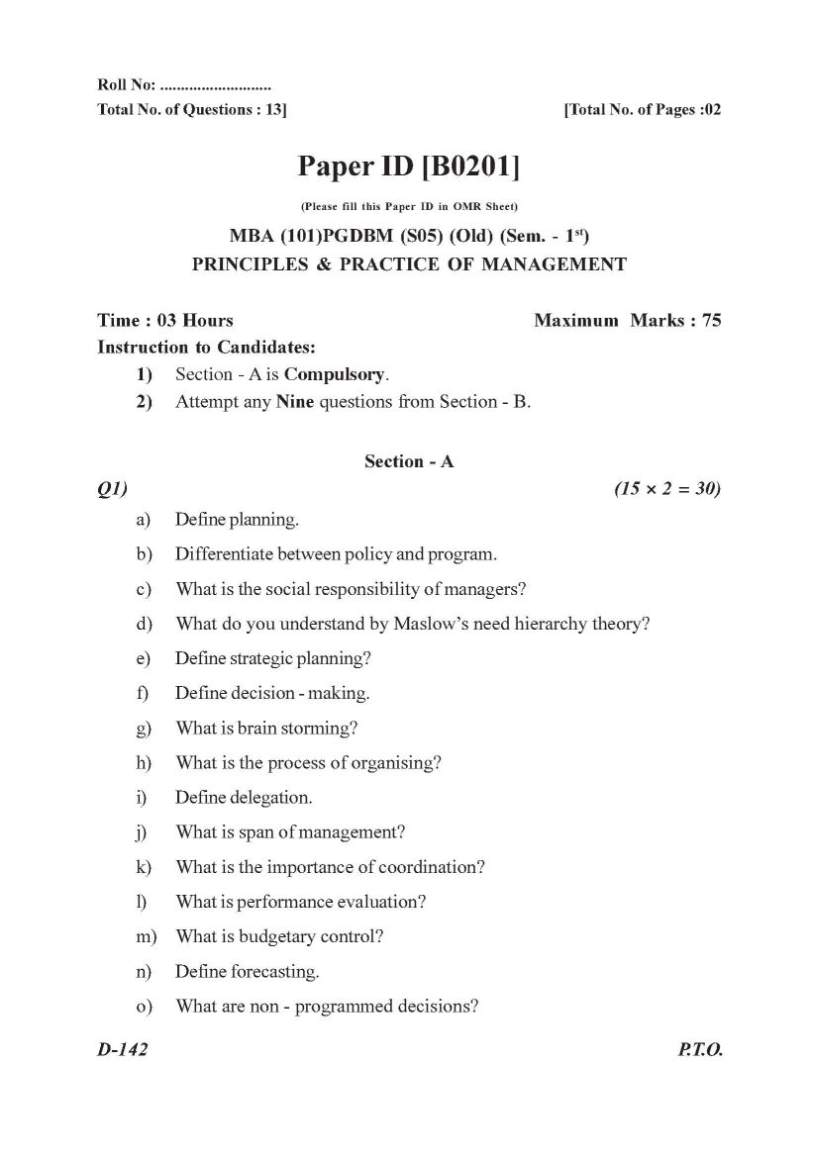 MBA First Sem Exam Question Paper 2023 2024 Student Forum