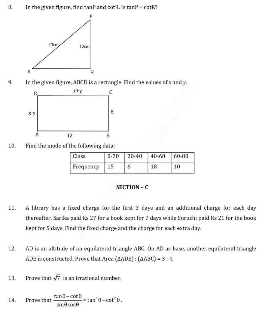 CBSE Class 10th Maths Exam Sample Question Paper 2023 2024 Student Forum