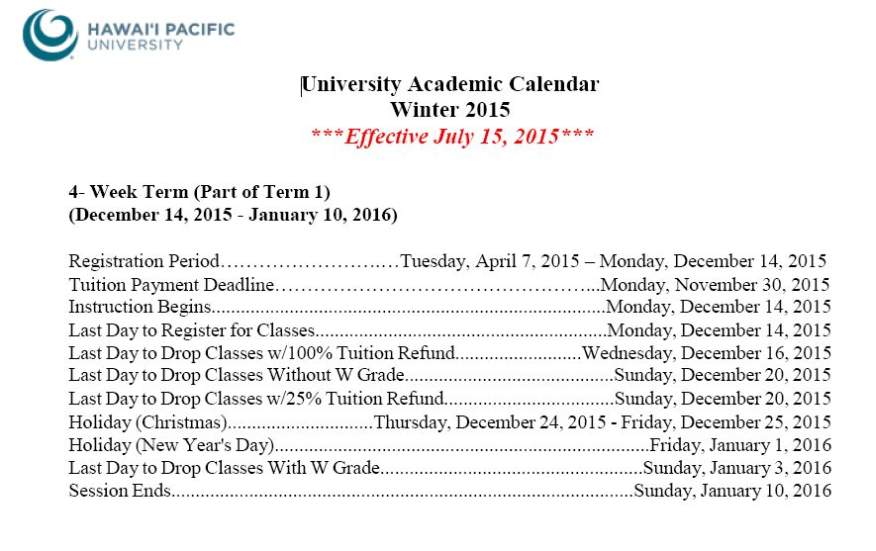 Pacific University Academic Calendar Customize and Print