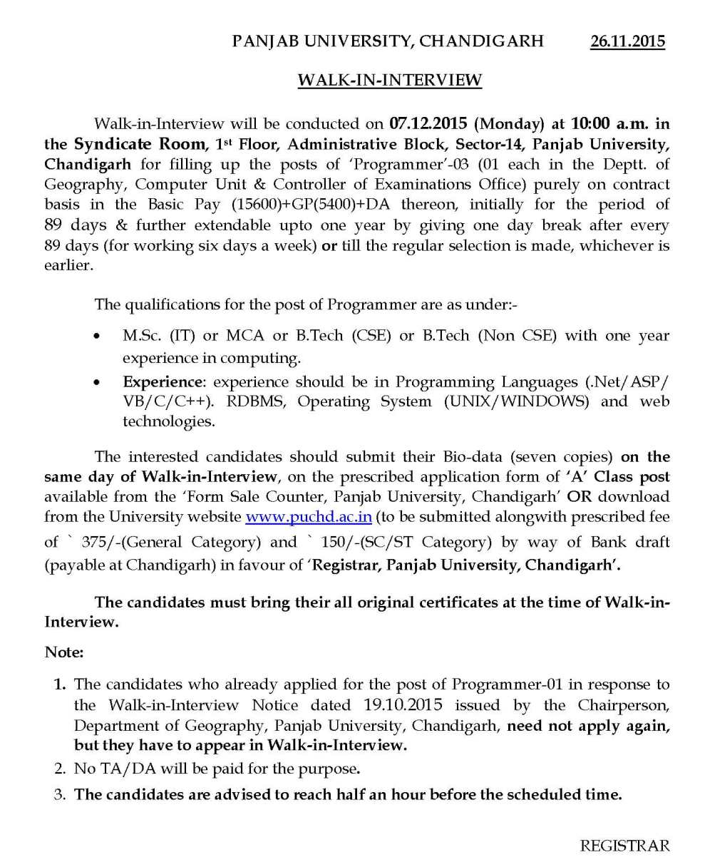 Govt Jobs In Punjab University Chandigarh - 2023 2024 Student Forum