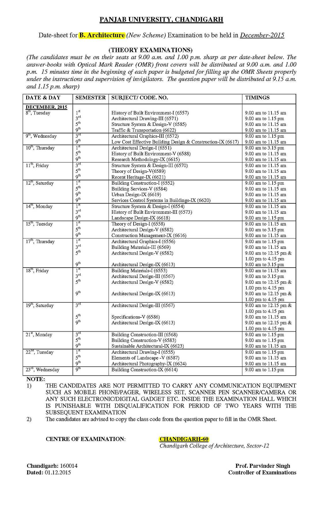 Punjab University Chandigarh Exam Date Sheet 2019 2020 2021