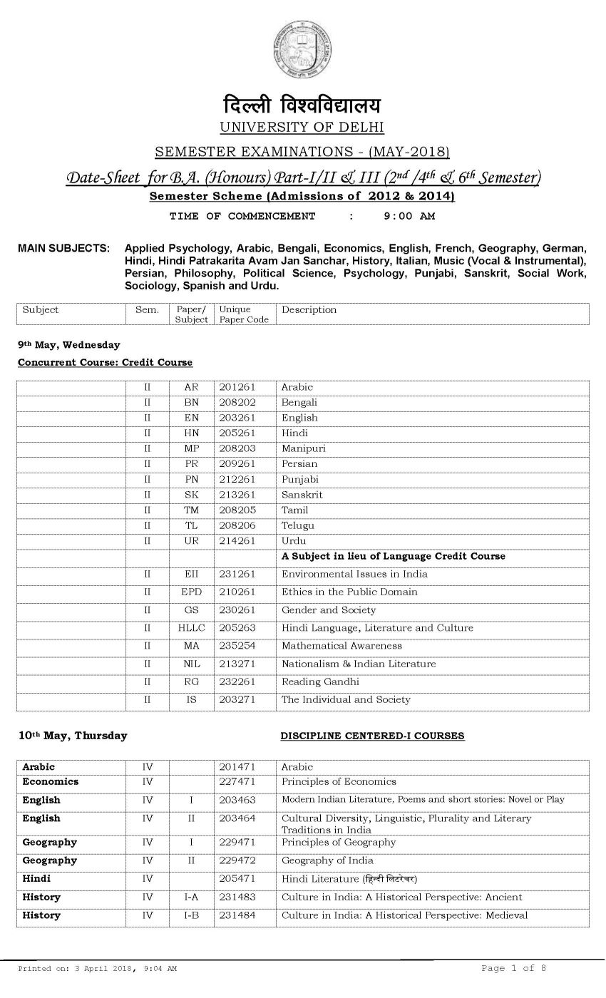 Delhi University BA date sheet 2023 2024 Student Forum