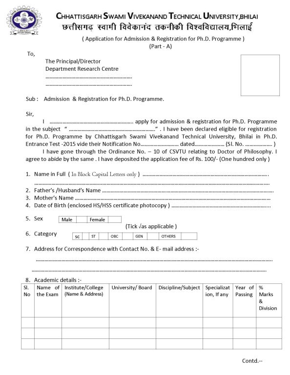csvtu phd online application form 2023