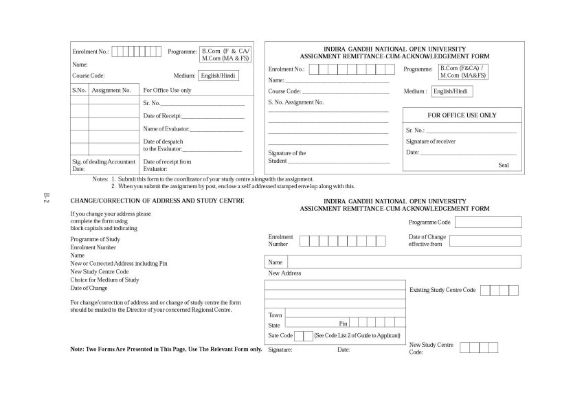 indira gandhi national open university assignment remittance cum acknowledgement form