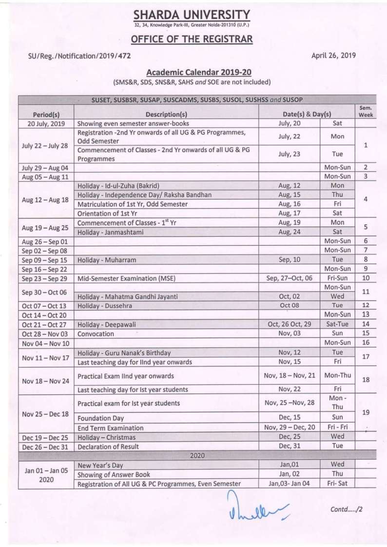 Academic Calendar of Sharda University 2020 2021 Student Forum