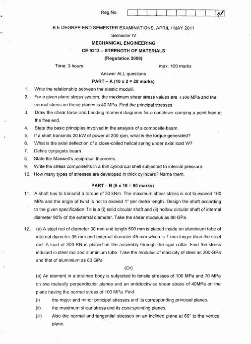 Anna University CE 9213 Strength Of Materials Question Paper - 2023 ...