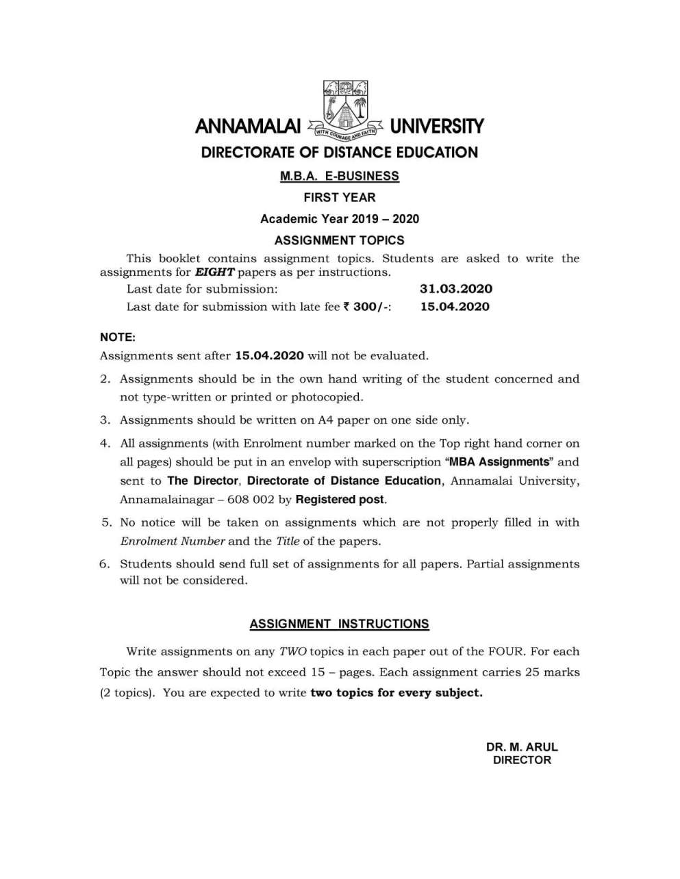 annamalai university assignment late fee