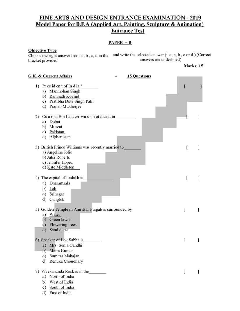 BFA Entrance Exam Model Papers  2 