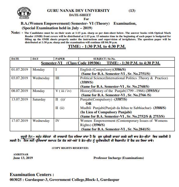 Date sheet of BA GNDU 2023 2024 Student Forum